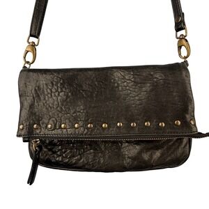 Johnny Was Leather Crossbody Studded Foldover Bag Black Italy Boho Artisan